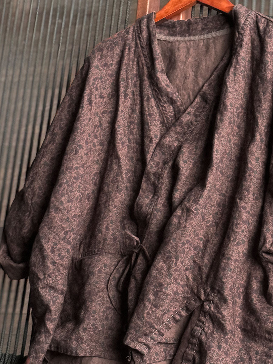 Women Vintage Floral V-Neck Strap Linen Shirt