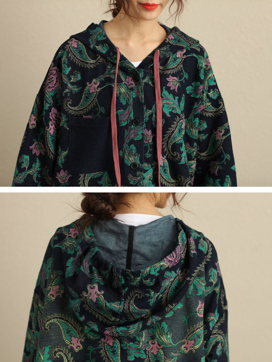 Women Autumn Vintage Flower Hooded Pocket Cotton Coat