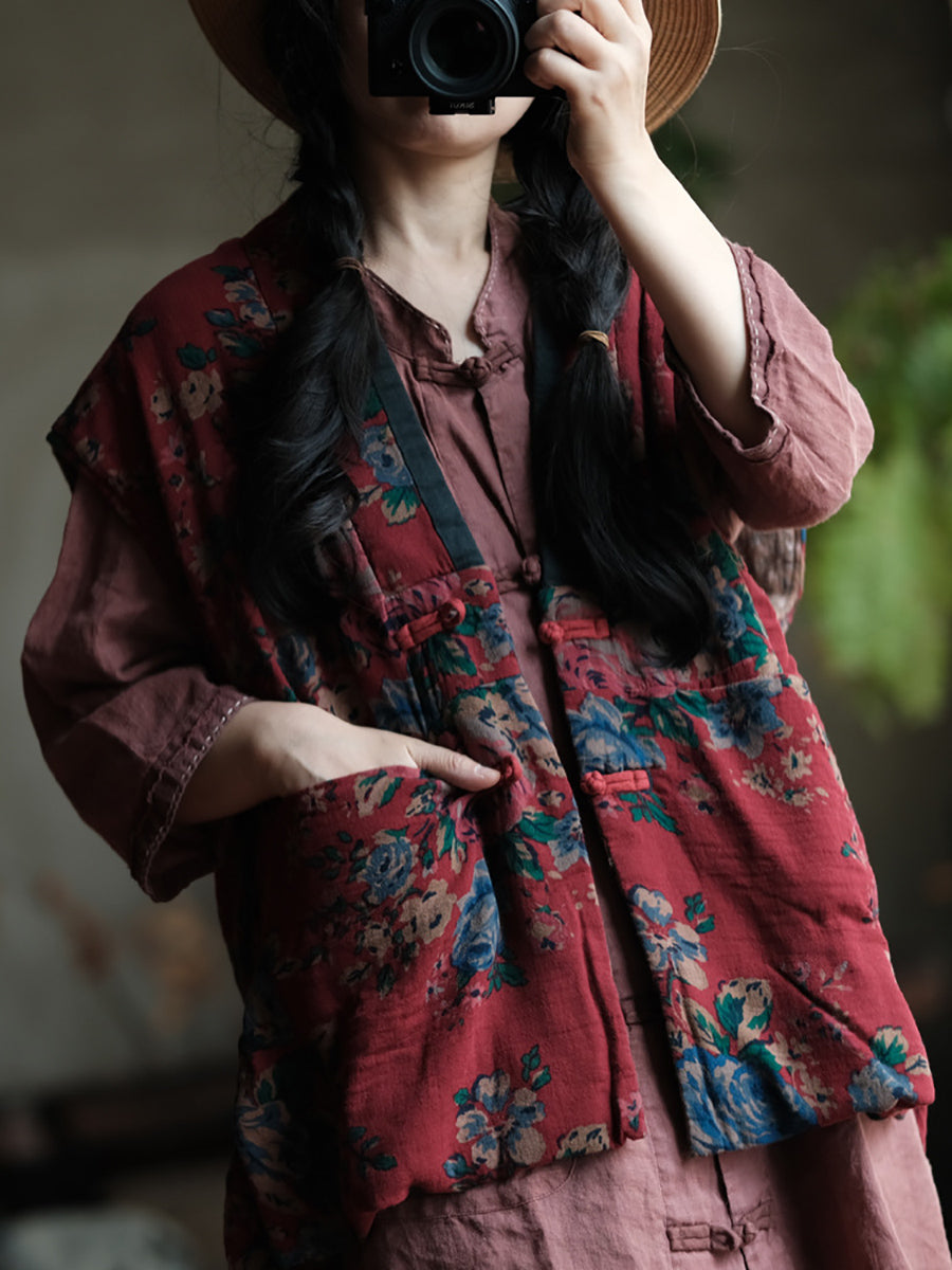 Plus Size Women Ethnic Autumn Flower V-Neck Cotton Vest