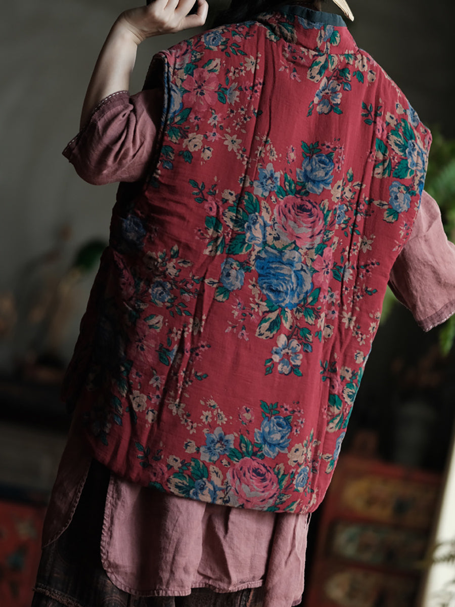 Plus Size Women Ethnic Autumn Flower V-Neck Cotton Vest