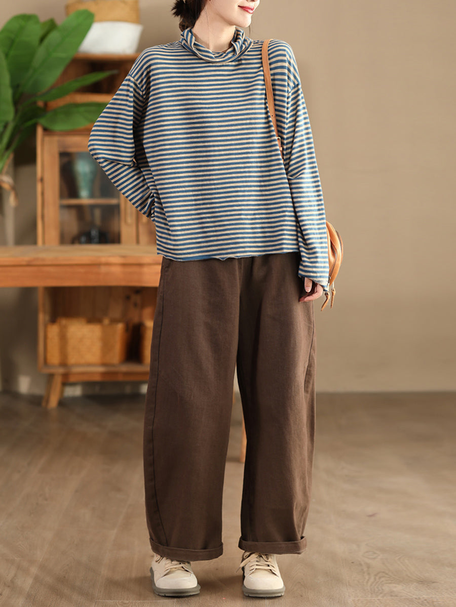 Plus Size Women Autumn Casual Stripe Turtleneck Cotton Blouse