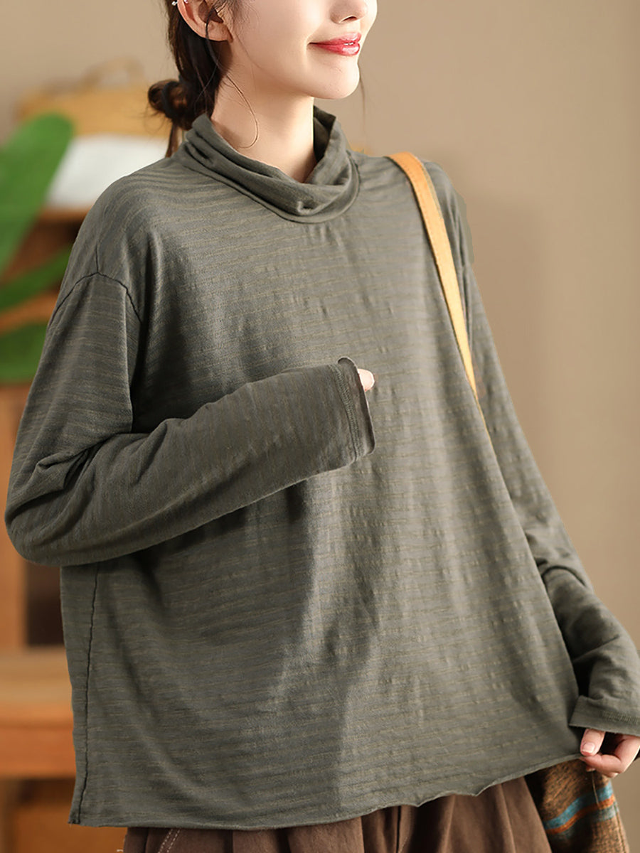 Plus Size Women Autumn Casual Stripe Turtleneck Cotton Blouse