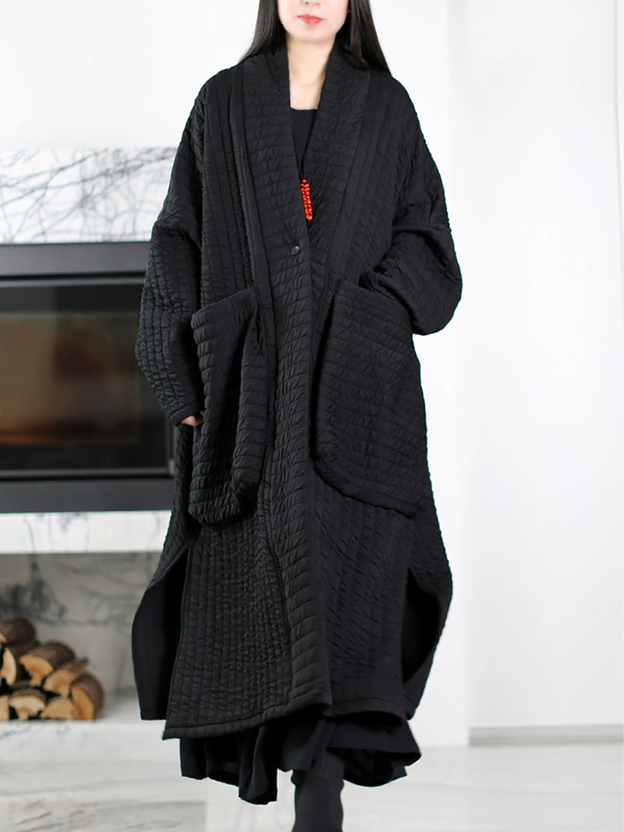 Plus Size Women Autumn Pure Color V-Neck Padded Long Coat