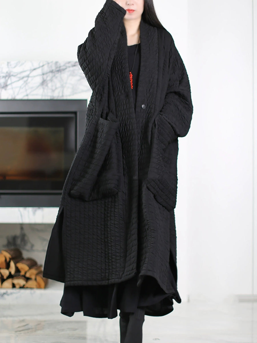 Plus Size Women Autumn Pure Color V-Neck Padded Long Coat