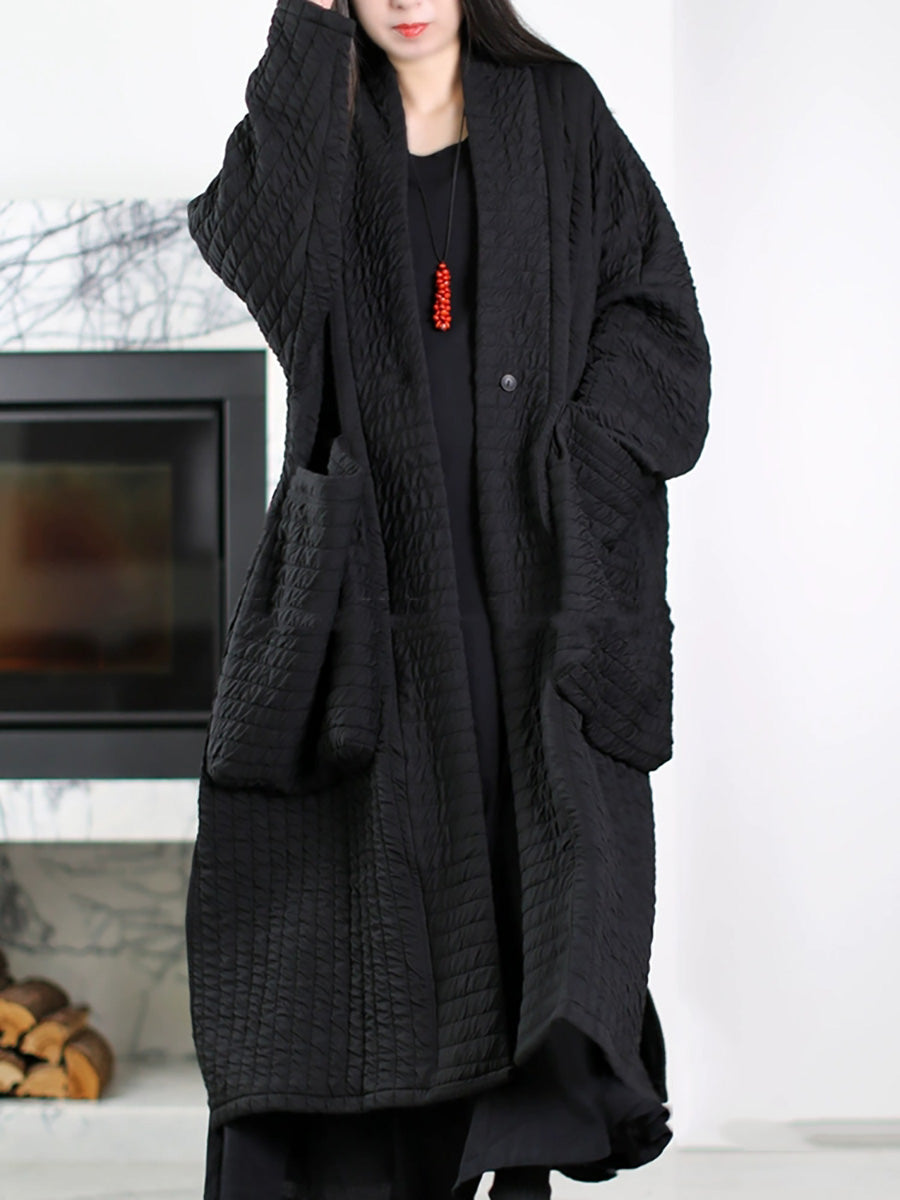 Plus Size Women Autumn Pure Color V-Neck Padded Long Coat