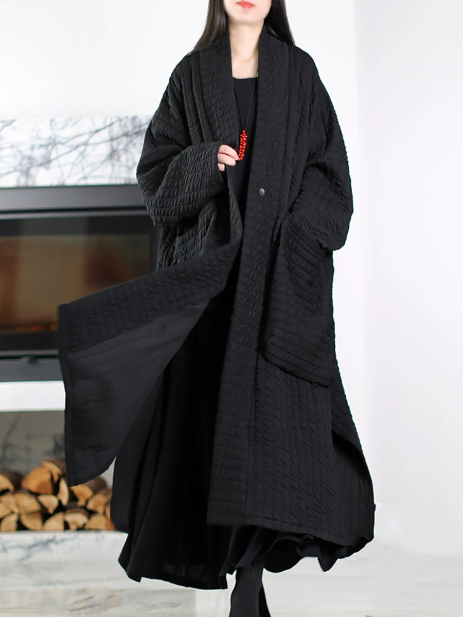 Plus Size Women Autumn Pure Color V-Neck Padded Long Coat