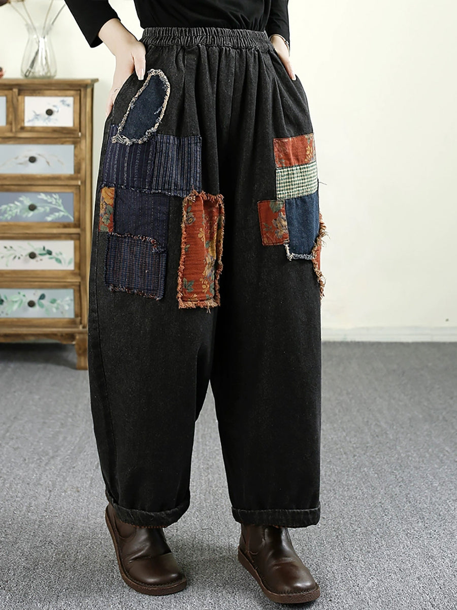 Women Autumn Retro Patch Spliced Denim Harem Jeans