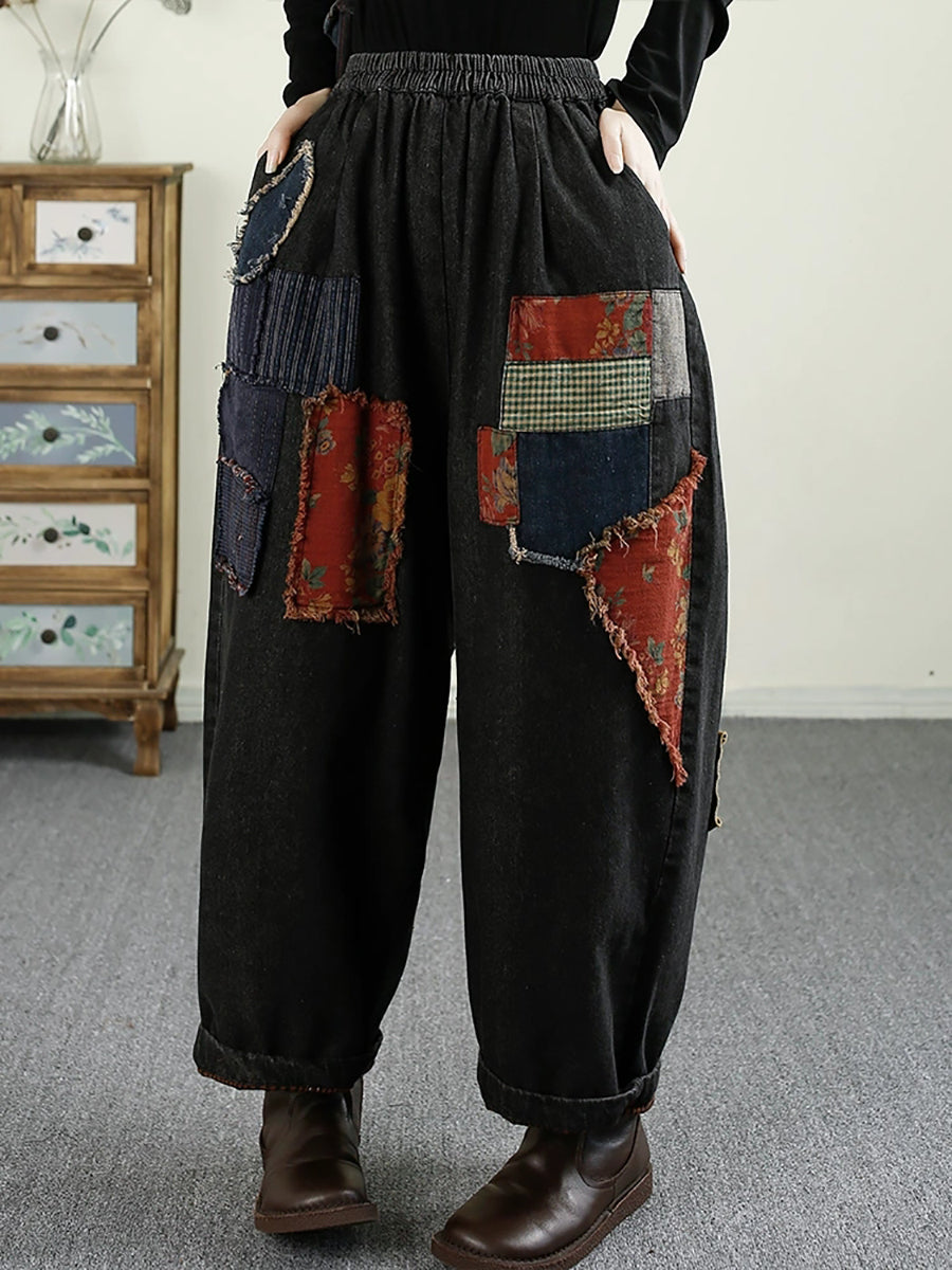 Women Autumn Retro Patch Spliced Denim Harem Jeans