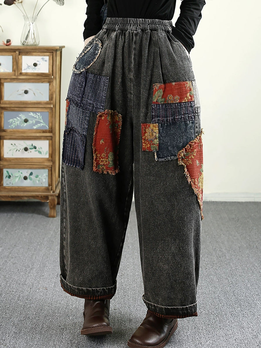 Women Autumn Retro Patch Spliced Denim Harem Jeans