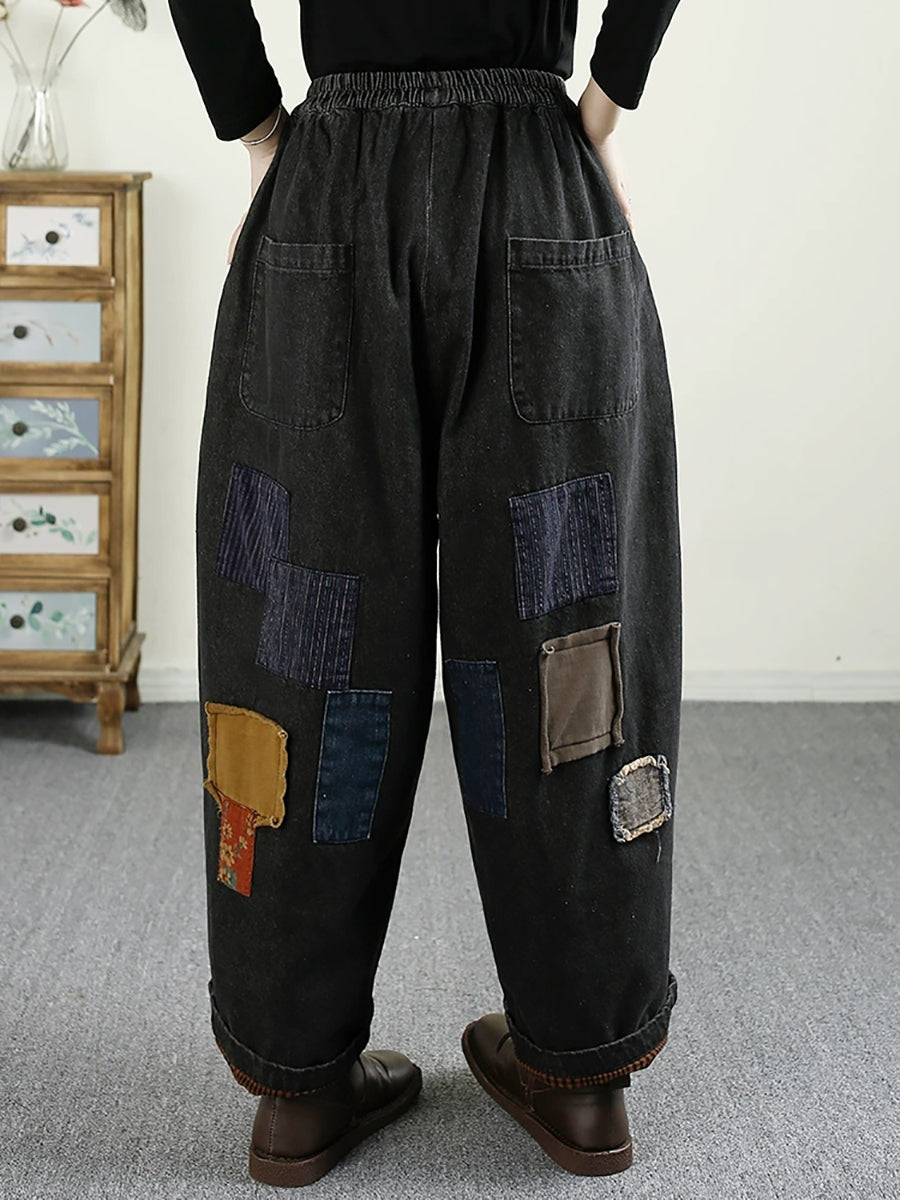 Women Autumn Retro Patch Spliced Denim Harem Jeans