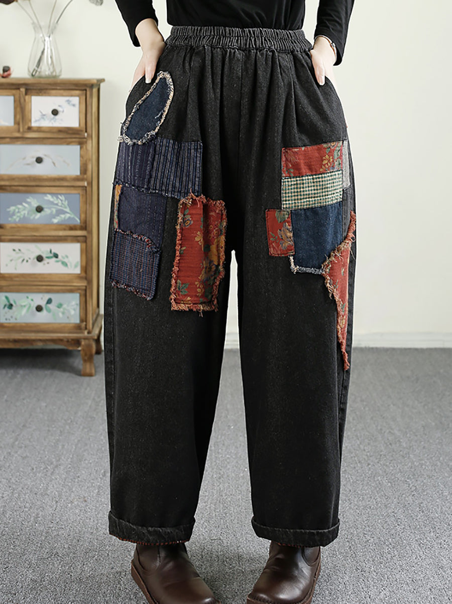 Women Autumn Retro Patch Spliced Denim Harem Jeans