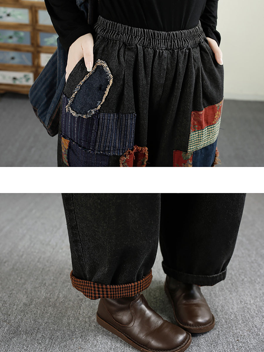 Women Autumn Retro Patch Spliced Denim Harem Jeans