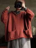Women Vintage Autumn Frayed Solid Hooded Knit Sweater