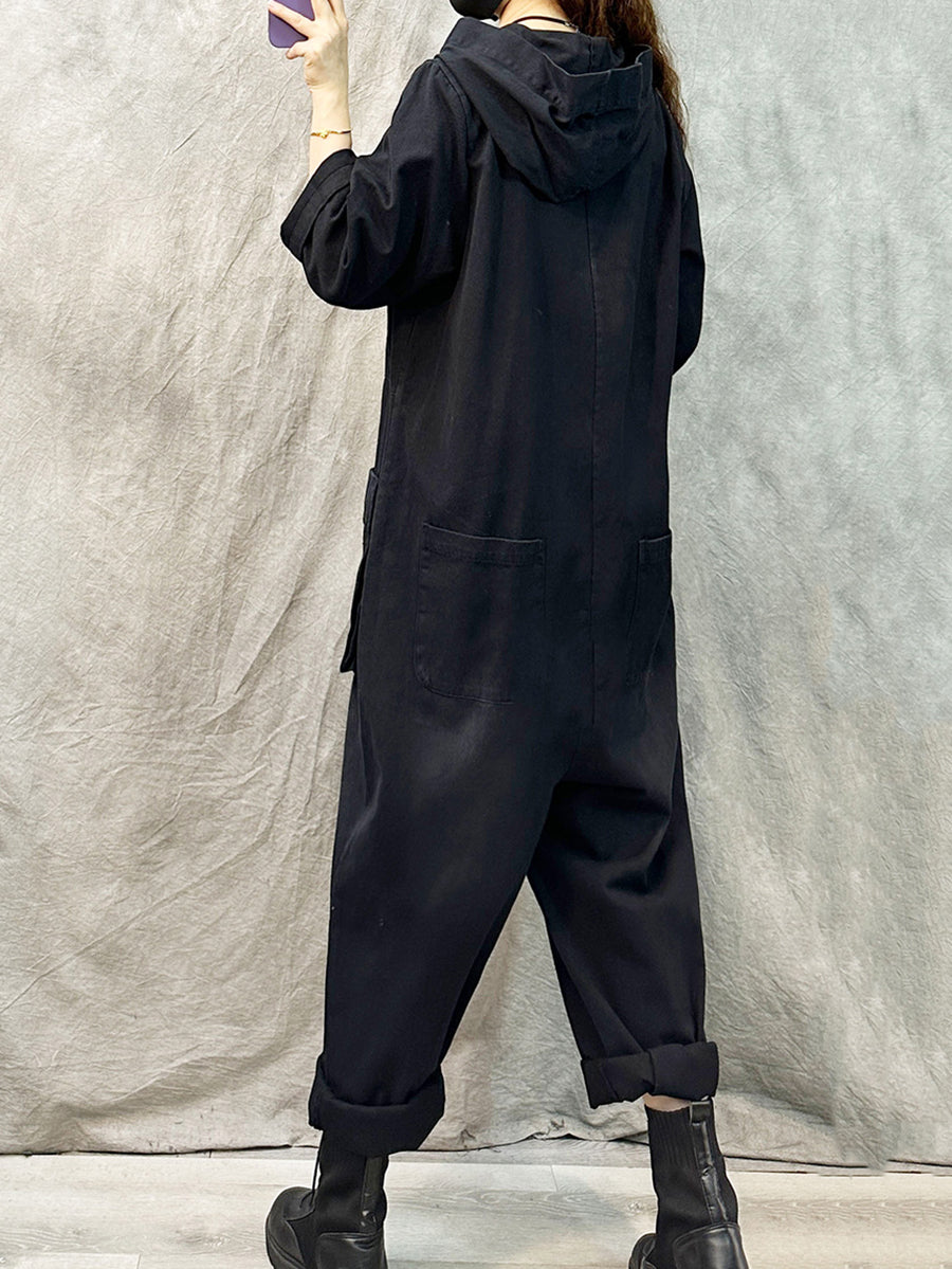 Plus Size Women Vintage Solid Denim Long Sleeve Hooded Jumpsuits