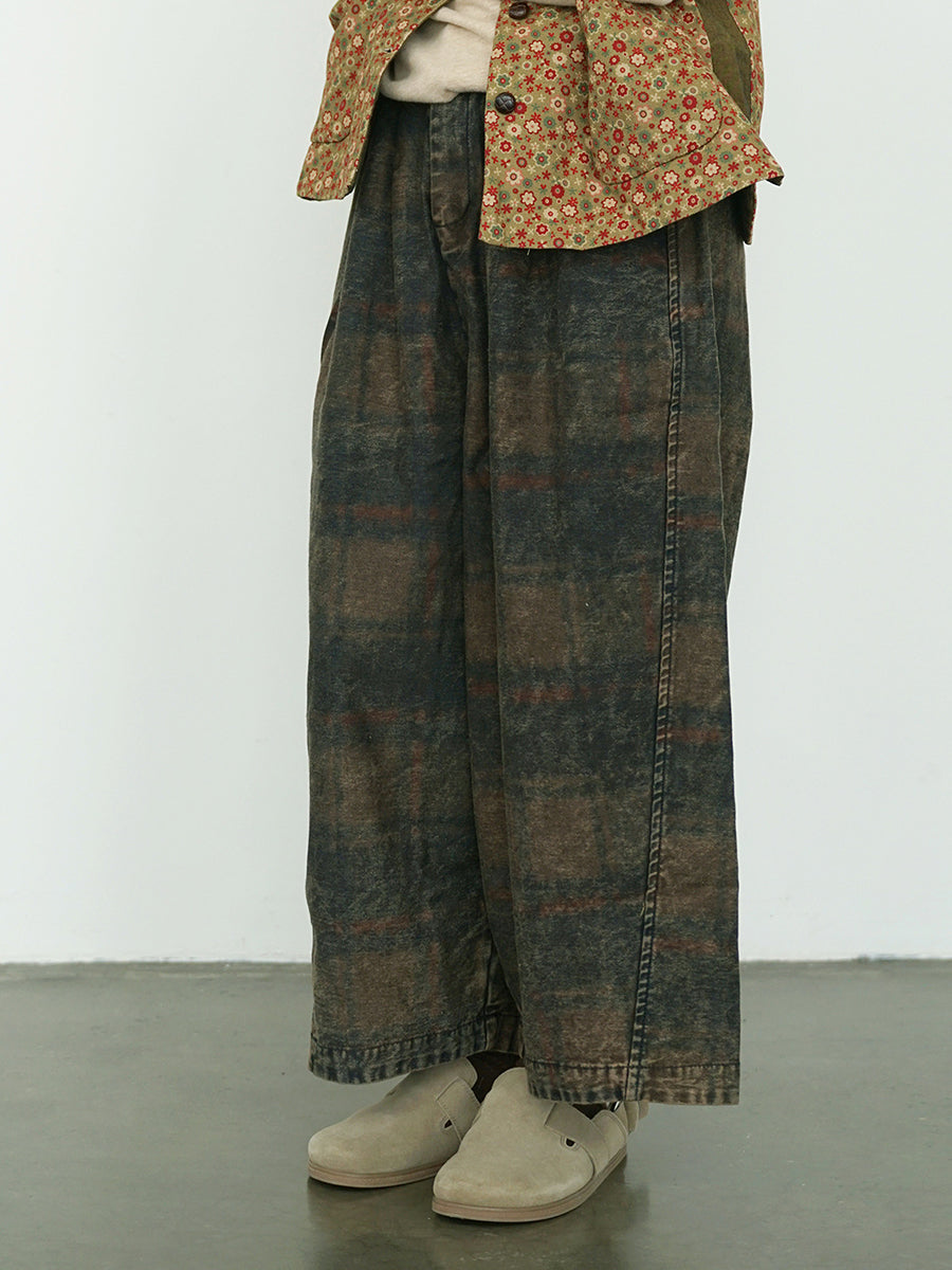 Plus Size Women Winter Retro Flower Denim Spliced Wide-leg Pants