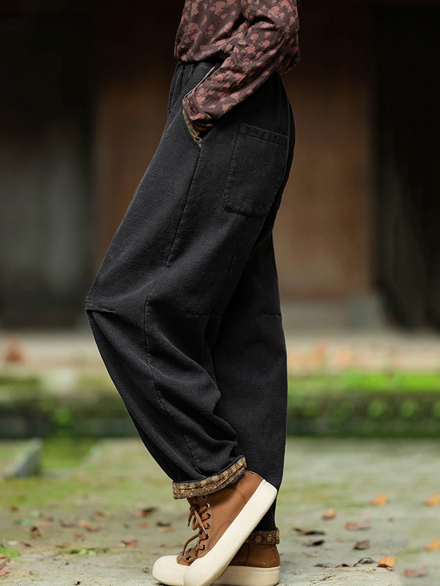 Plus Size Women Winter Retro Solid Spliced Padded Harem Pants