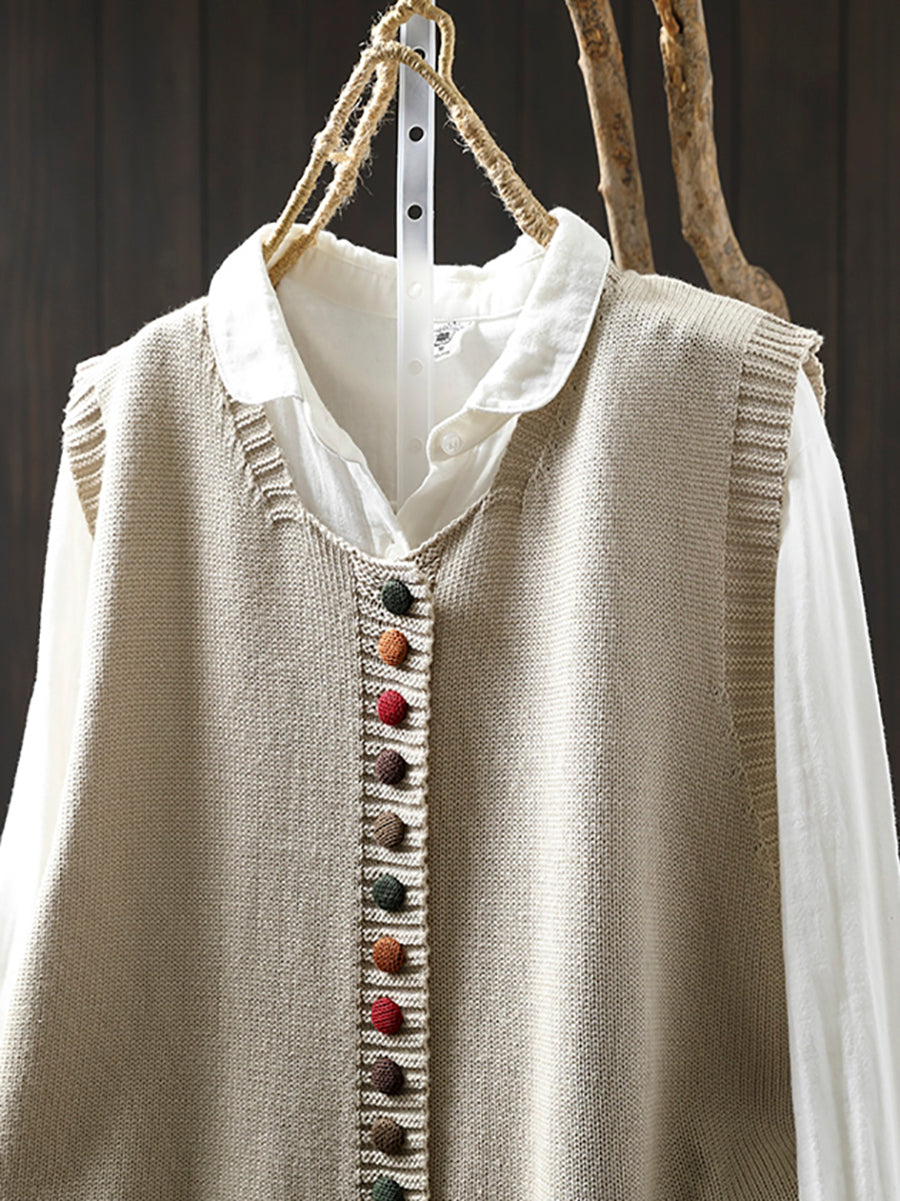 Plus Size Women Casual Autumn O-Neck Colorful Button Knit Vest