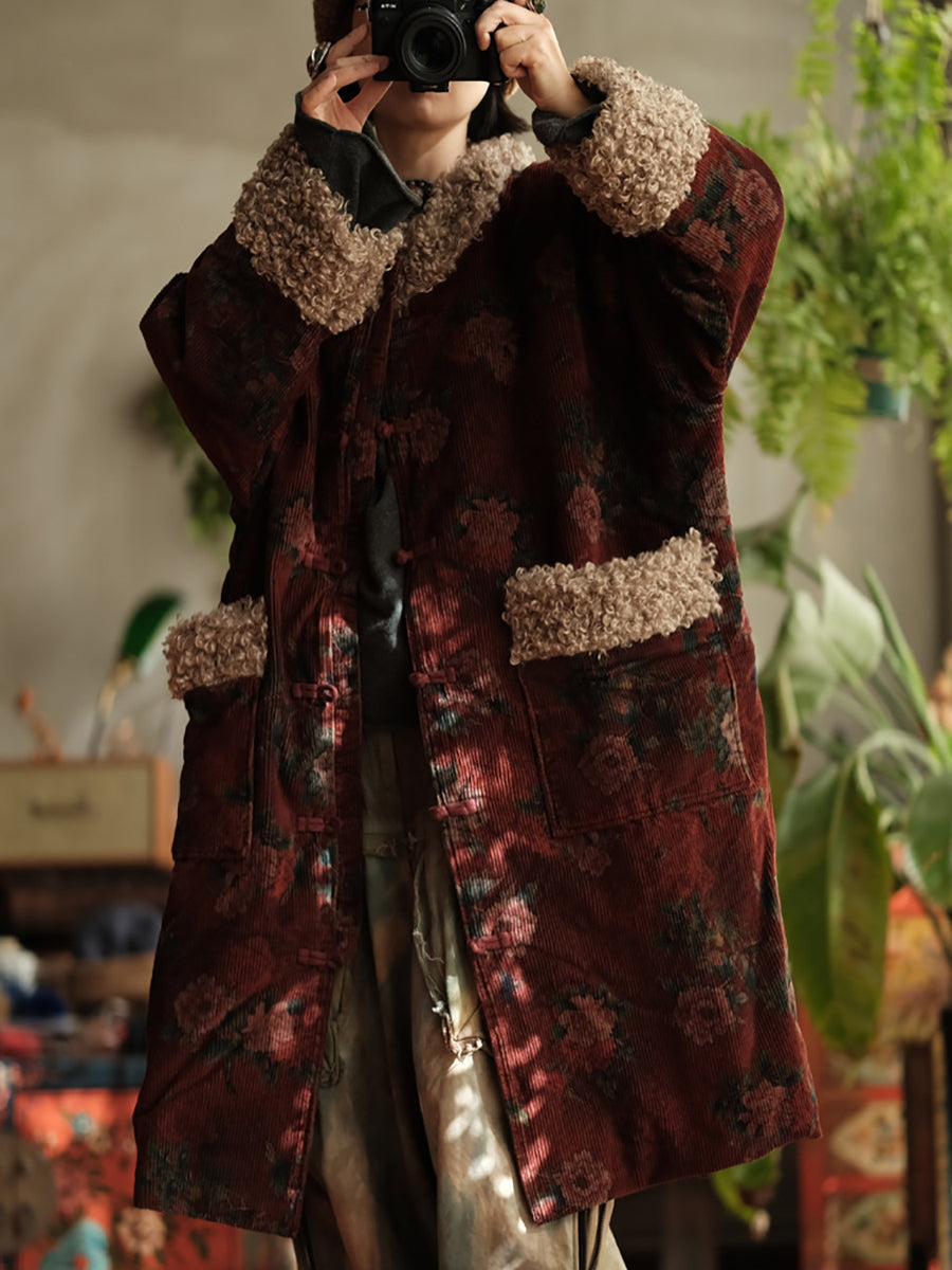 Plus Size Women Winter Retro Flower Croduroy Fleece Spliced O-Neck Coat