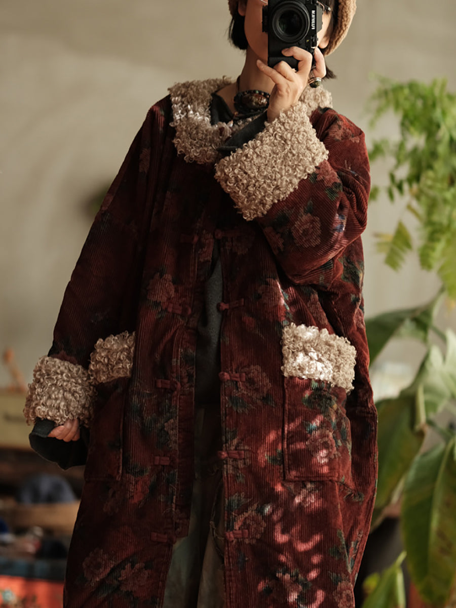Plus Size Women Winter Retro Flower Croduroy Fleece Spliced O-Neck Coat