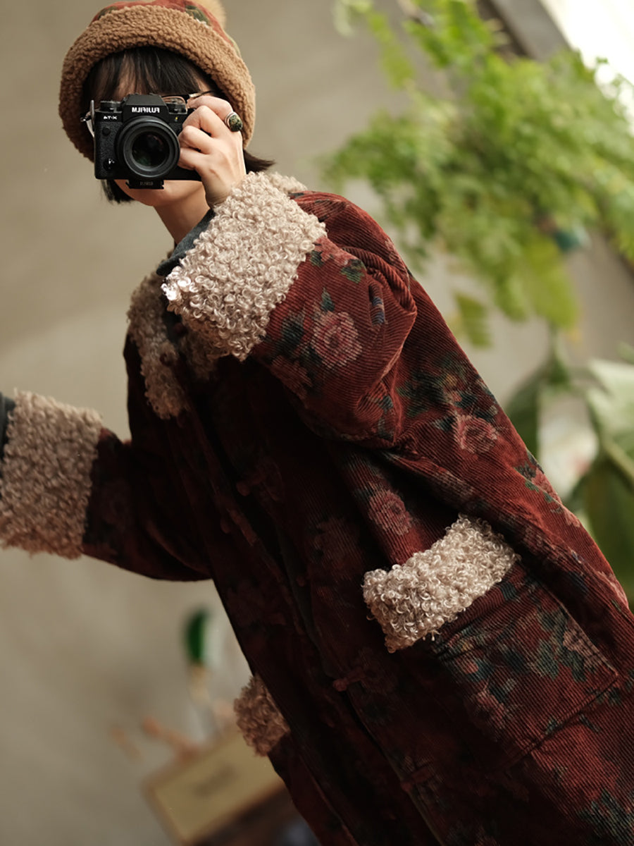 Plus Size Women Winter Retro Flower Croduroy Fleece Spliced O-Neck Coat