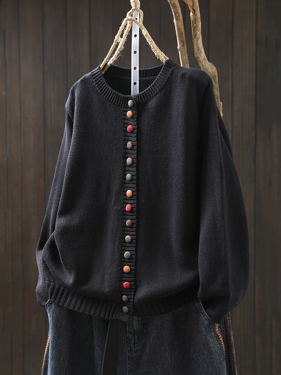 Plus Size Women Autumn Artsy Colorful Button O-Neck Knit Sweater