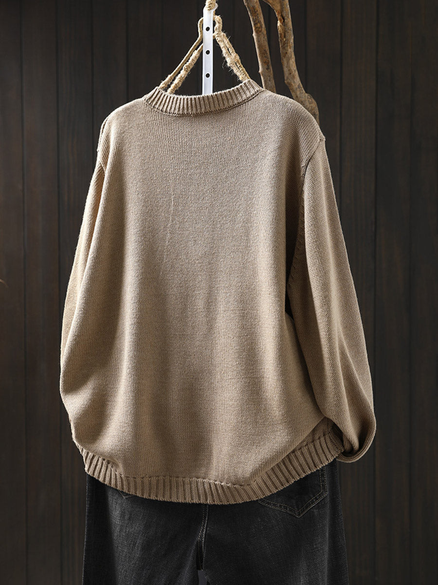 Plus Size Women Autumn Artsy Colorful Button O-Neck Knit Sweater