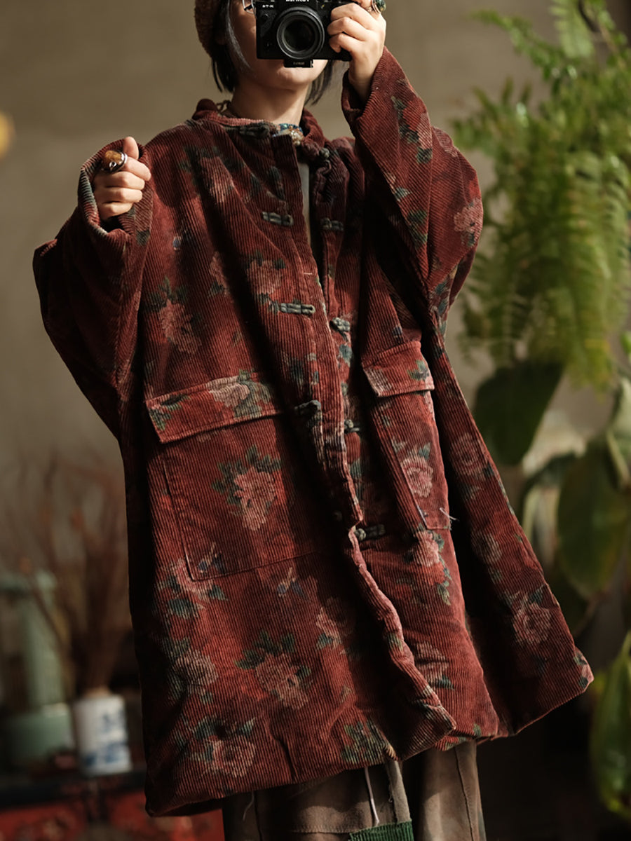 Plus Size Women Ethnic Flower Corduroy Loose Padded Coat