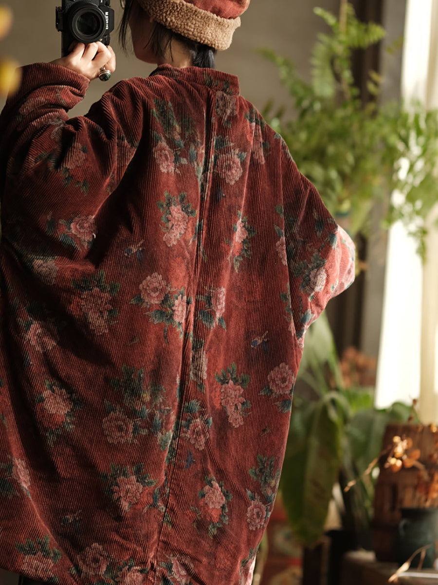 Plus Size Women Ethnic Flower Corduroy Loose Padded Coat