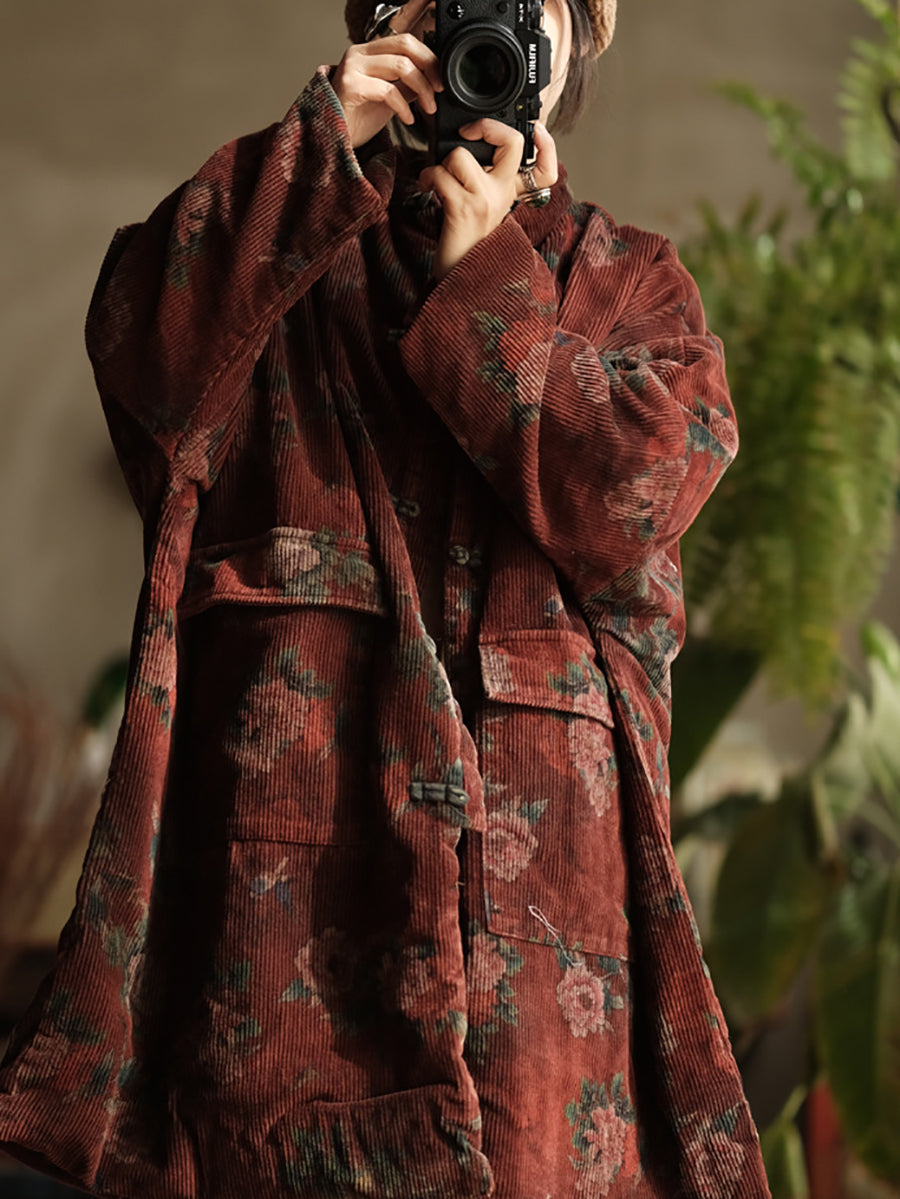 Plus Size Women Ethnic Flower Corduroy Loose Padded Coat