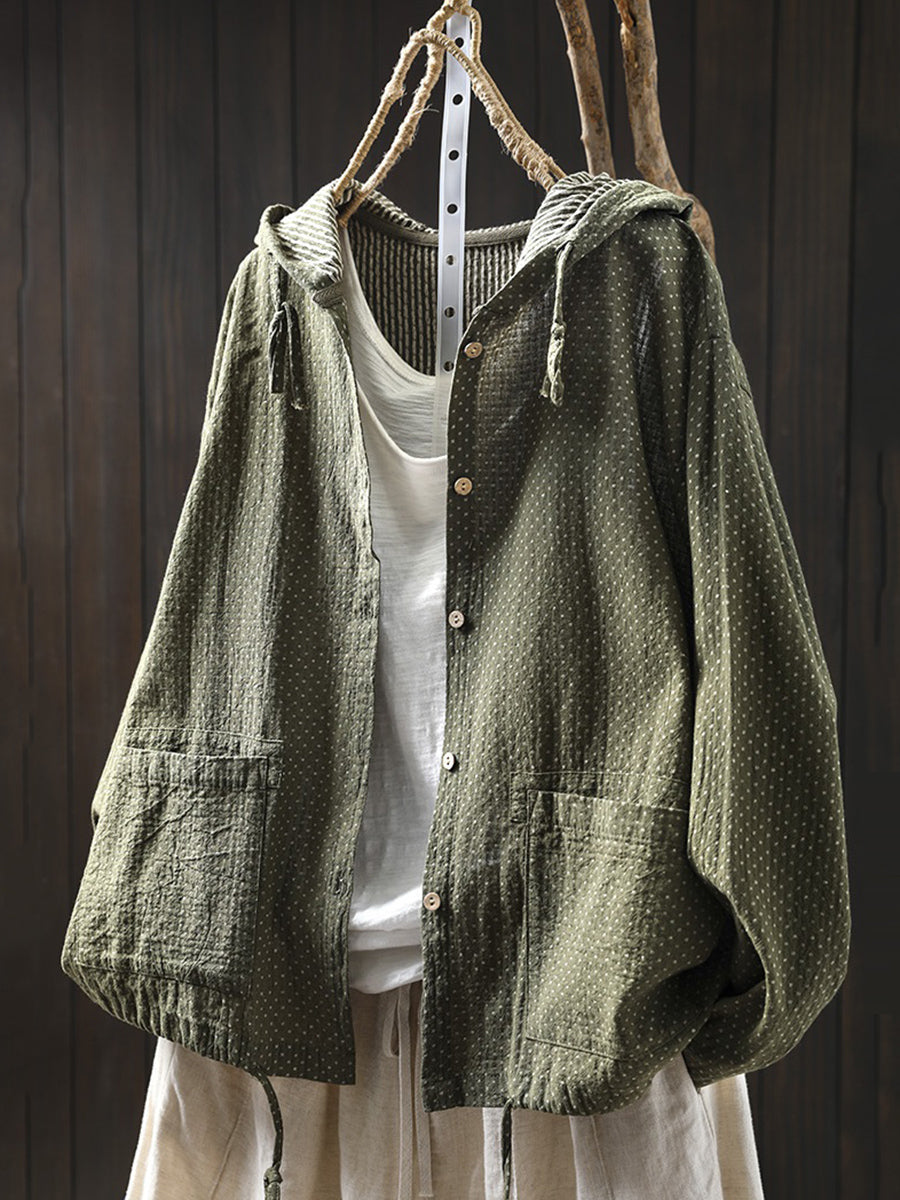Plus Size Women Spring Artsy Dot Cotton Hooded Shirt