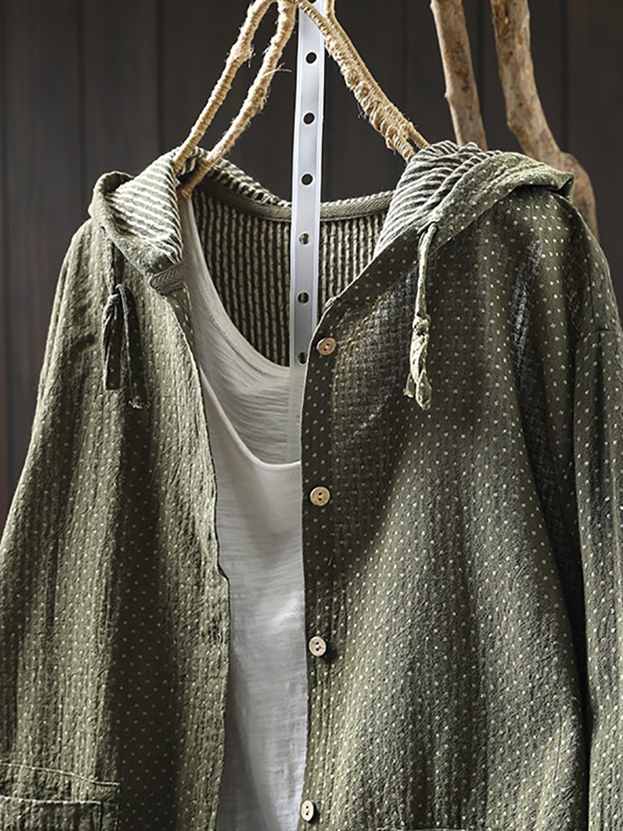Plus Size Women Spring Artsy Dot Cotton Hooded Shirt