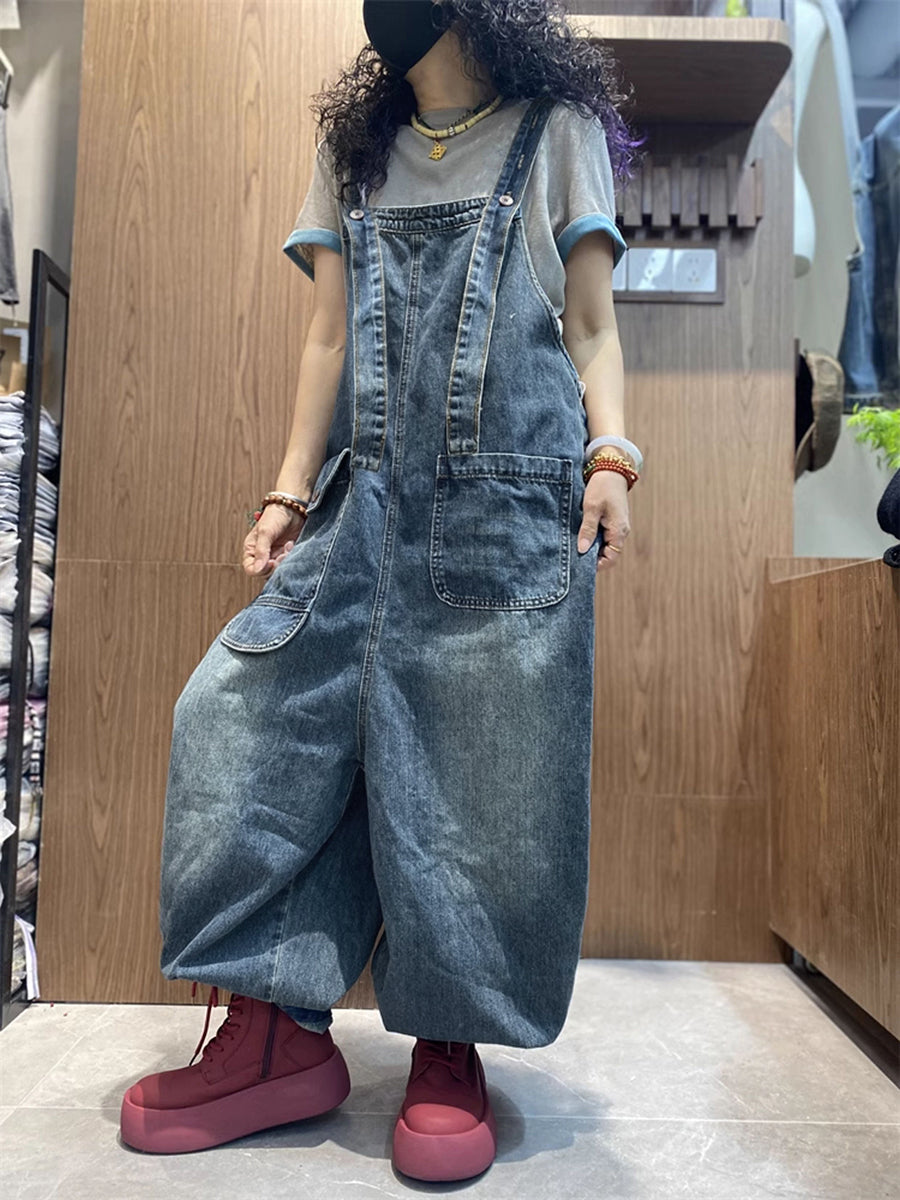 Plus Size Women Spring Artsy Denim Harem Jumpsuits