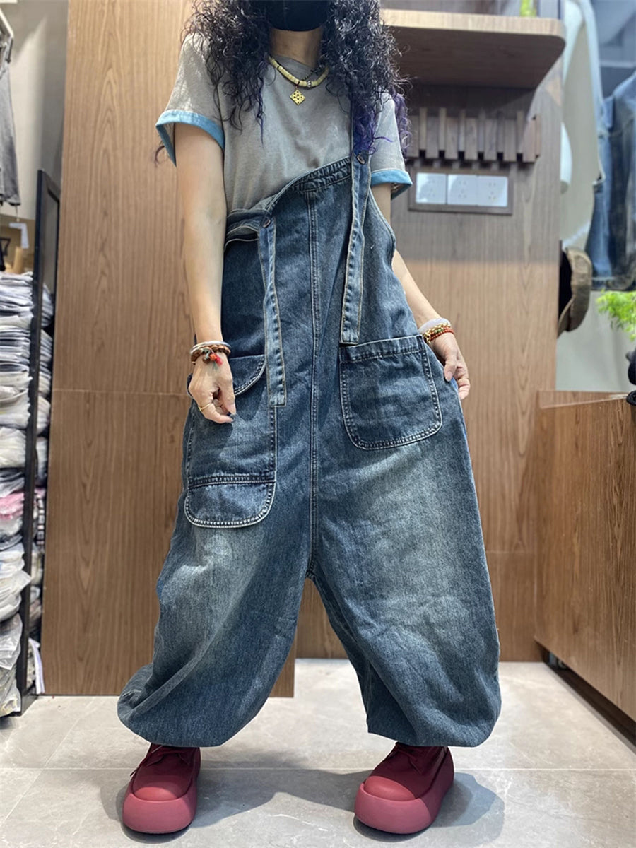 Plus Size Women Spring Artsy Denim Harem Jumpsuits