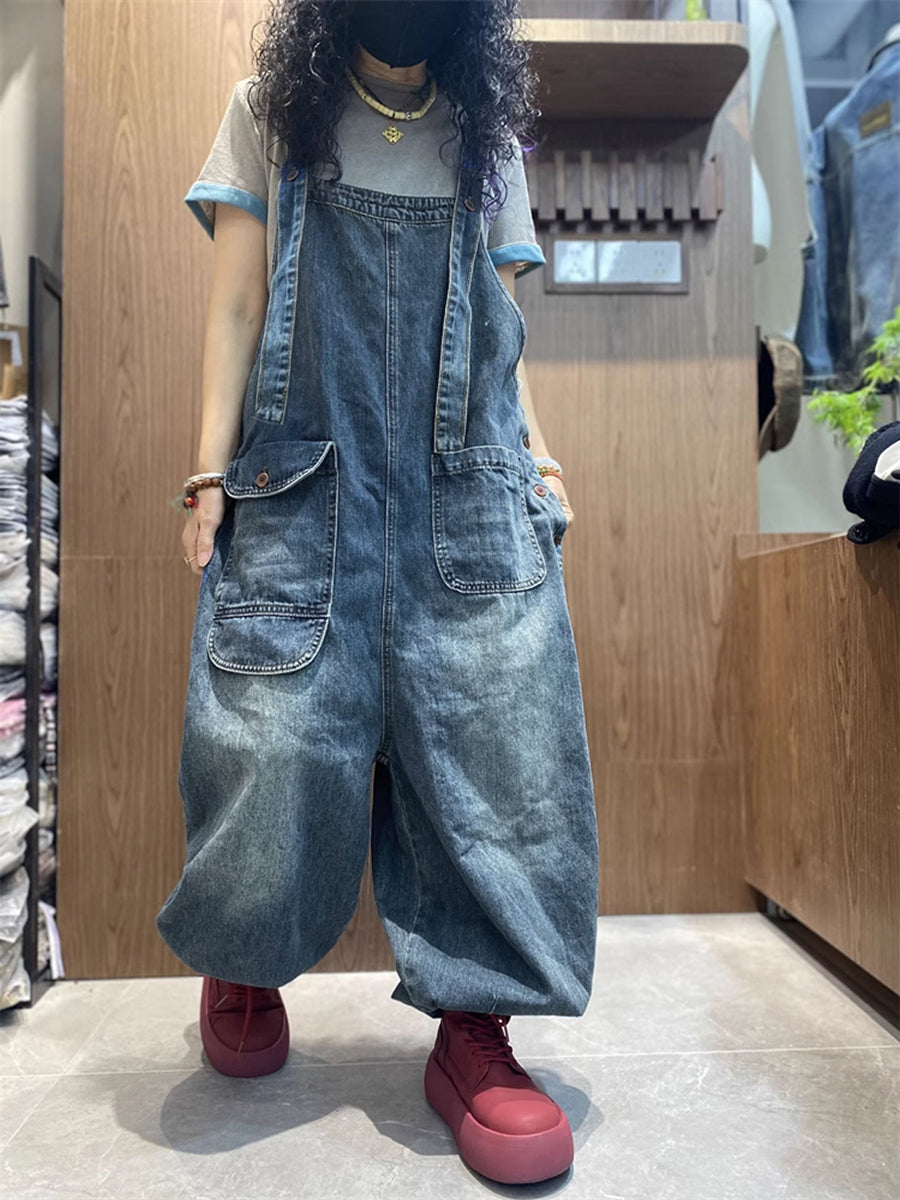 Plus Size Women Spring Artsy Denim Harem Jumpsuits