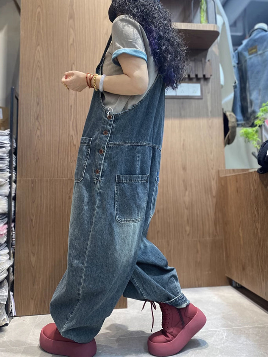 Plus Size Women Spring Artsy Denim Harem Jumpsuits