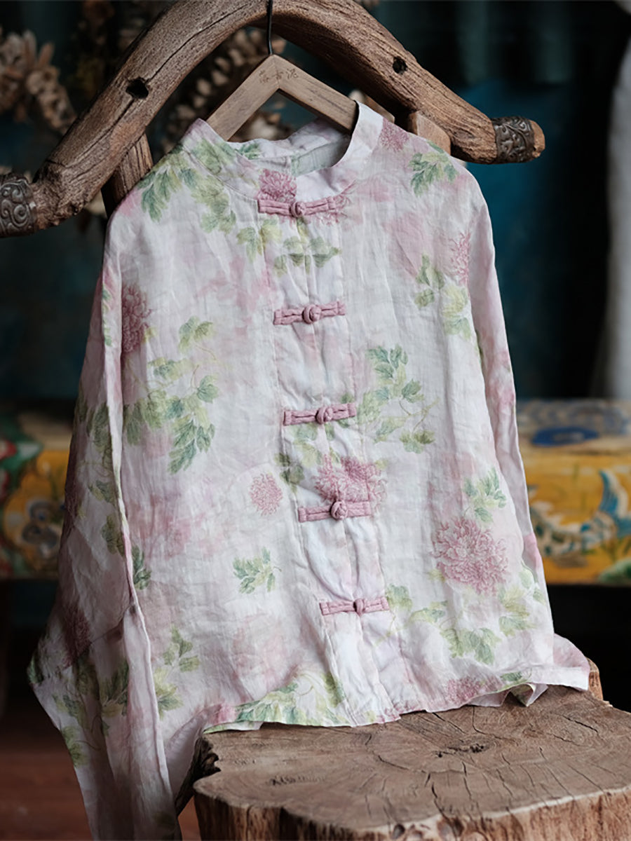 Plus Size Women Ethnic Spring Flower Stand Collar Ramie Shirt