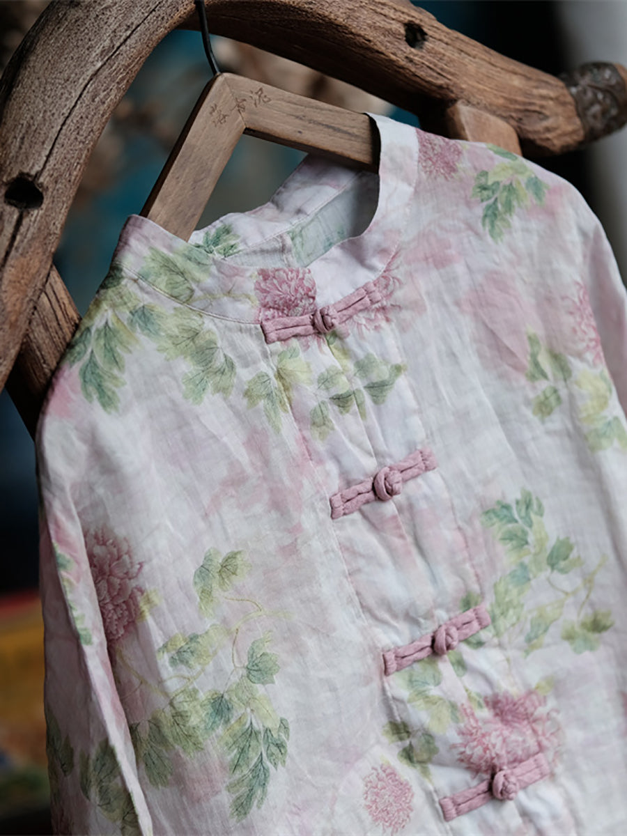 Plus Size Women Ethnic Spring Flower Stand Collar Ramie Shirt