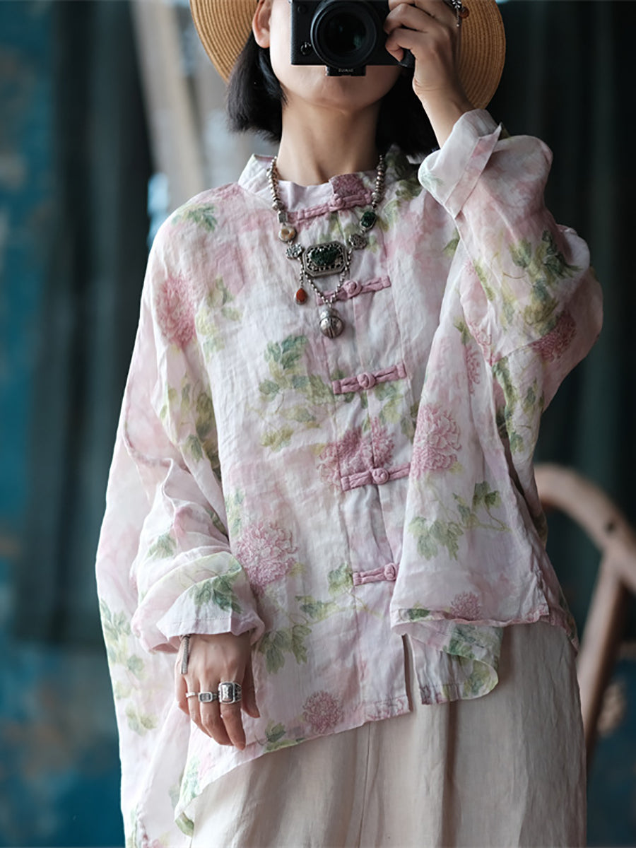Plus Size Women Ethnic Spring Flower Stand Collar Ramie Shirt