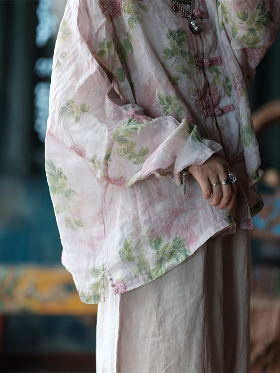 Plus Size Women Ethnic Spring Flower Stand Collar Ramie Shirt