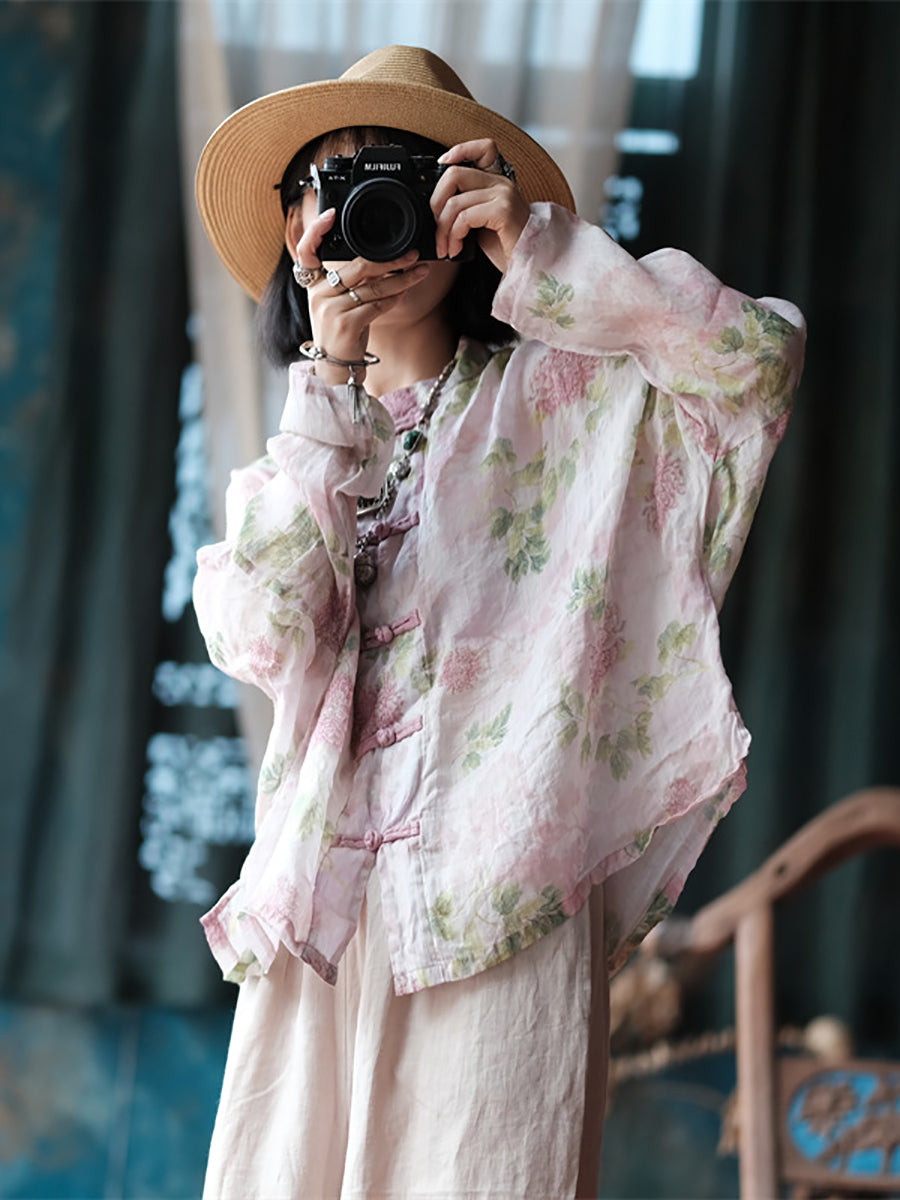 Plus Size Women Ethnic Spring Flower Stand Collar Ramie Shirt