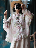 Plus Size Women Ethnic Spring Flower Stand Collar Ramie Shirt