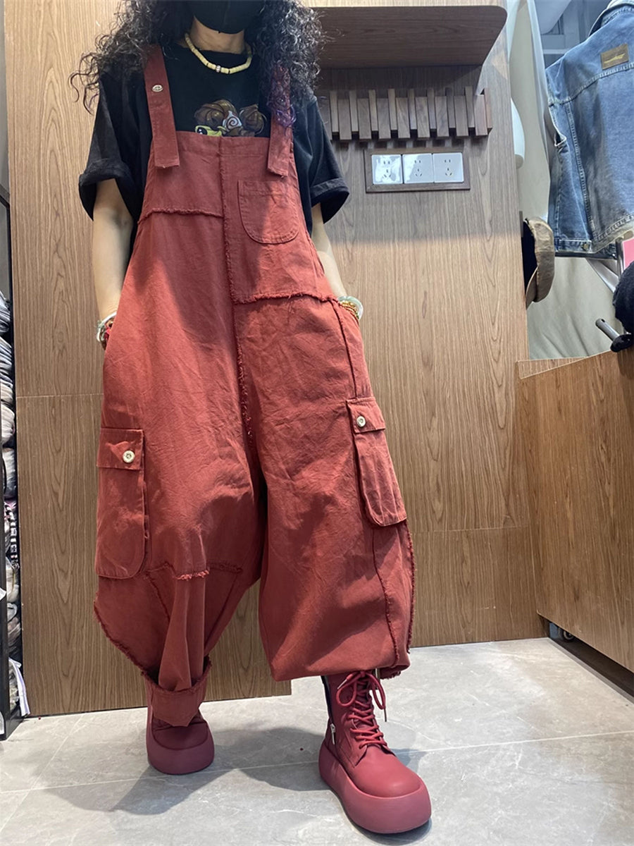 Plus Size Women Spring Artsy Cotton Raw-edge Loose Jumpsuits