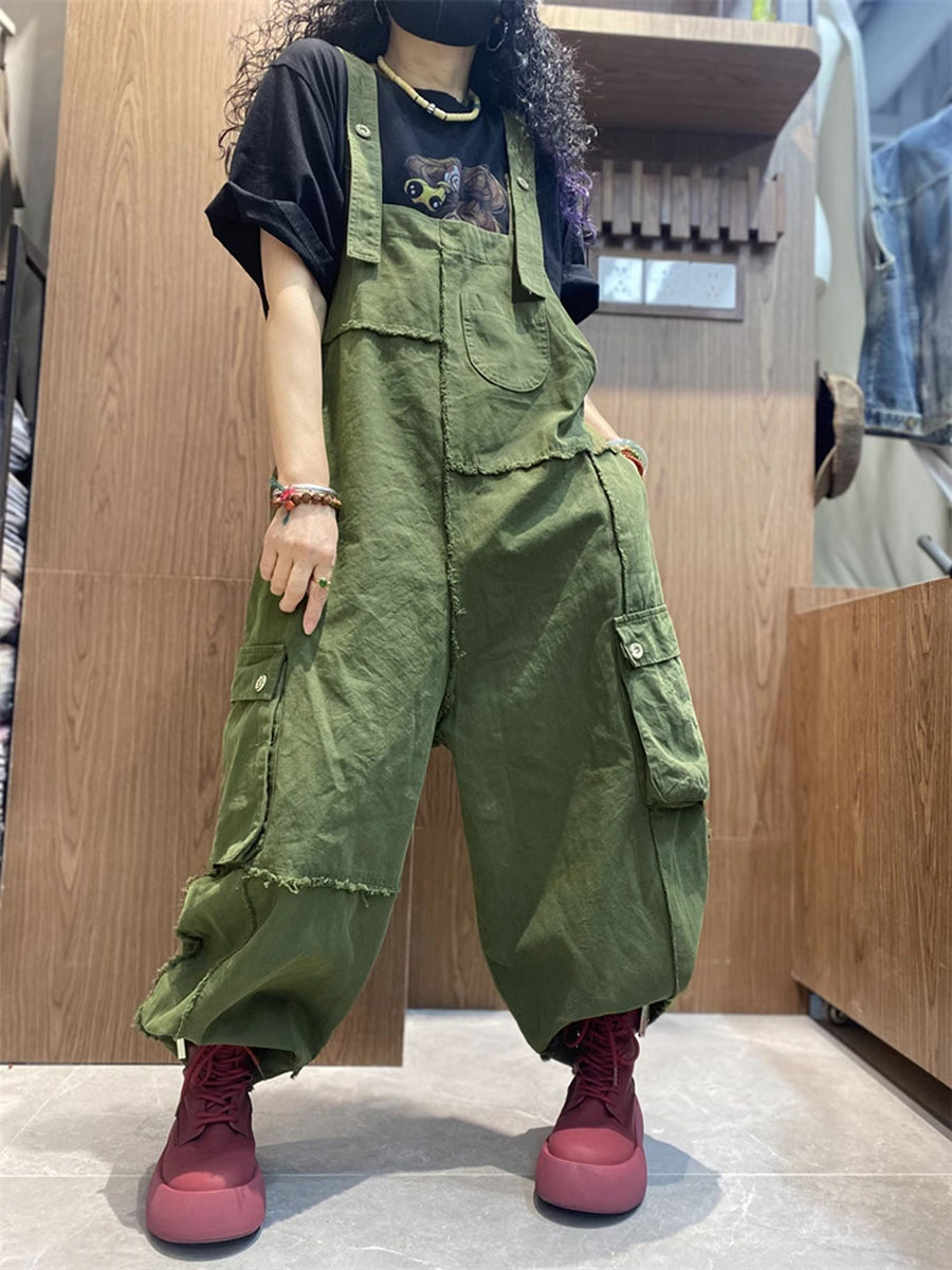 Plus Size Women Spring Artsy Cotton Raw-edge Loose Jumpsuits