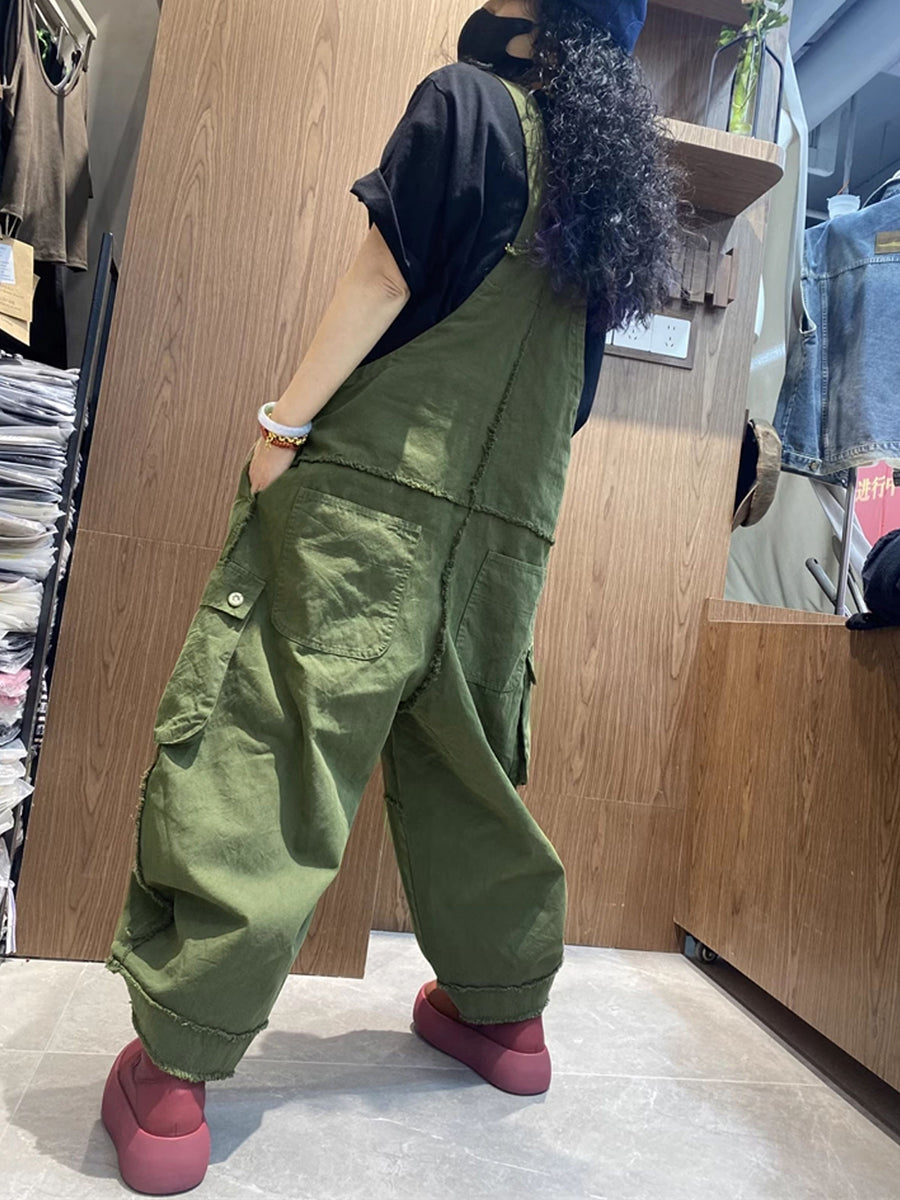 Plus Size Women Spring Artsy Cotton Raw-edge Loose Jumpsuits