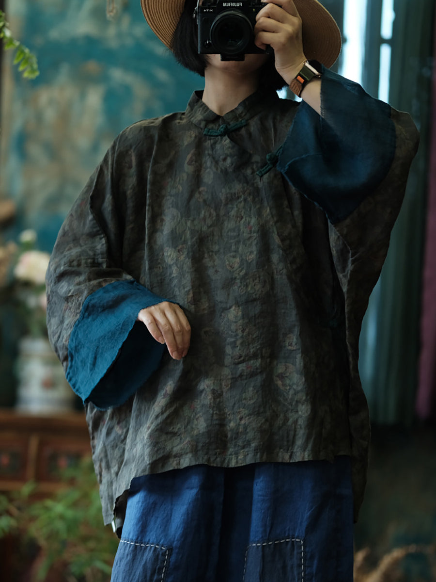 Women Spring Ethnic Stand Collar Flower Linen Shirt