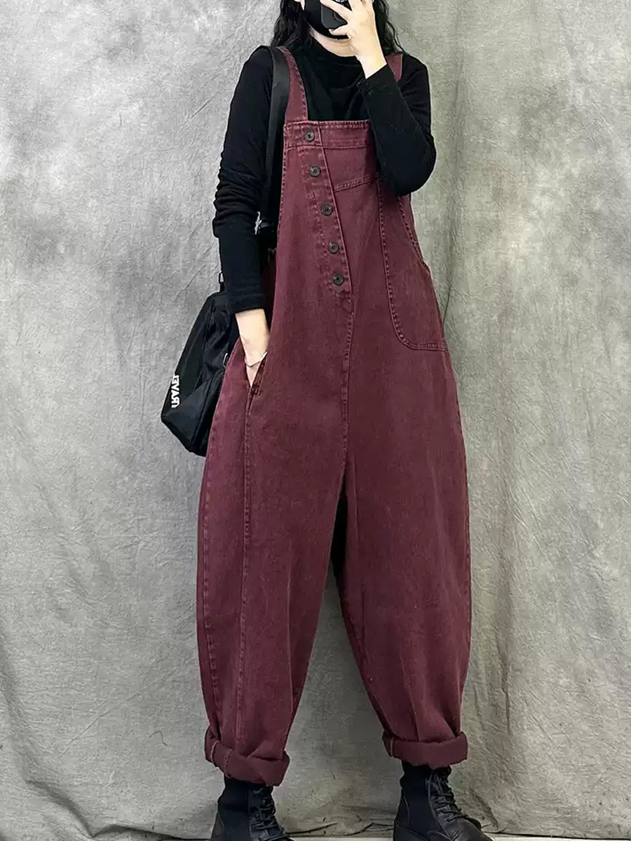 Plus Size Women Spring Retro Pure Color Loose Jumpsuits