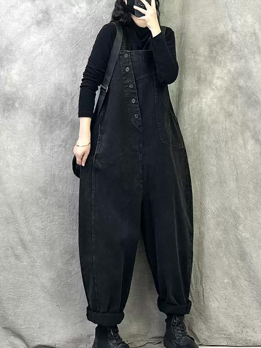 Plus Size Women Spring Retro Pure Color Loose Jumpsuits