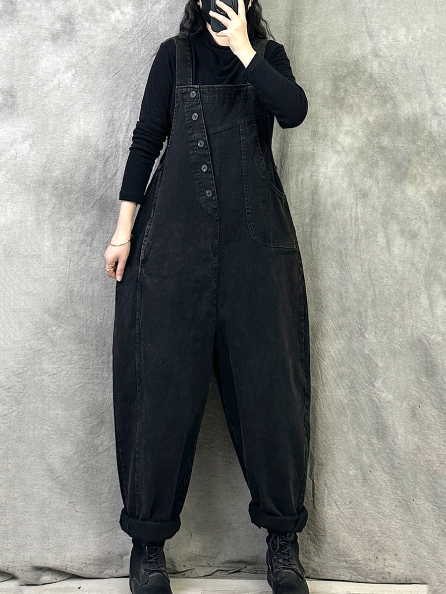 Plus Size Women Spring Retro Pure Color Loose Jumpsuits