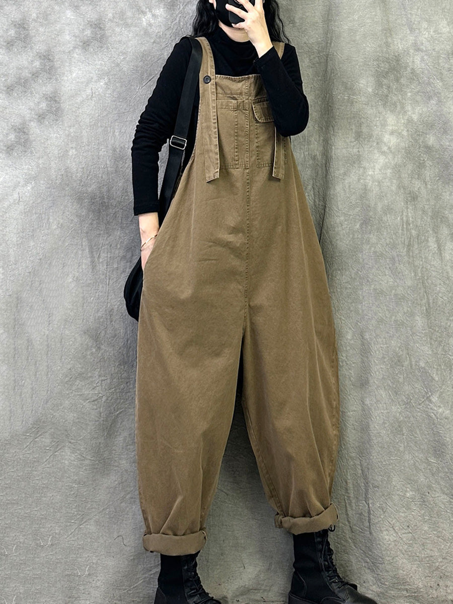 Plus Size Women Spring Casual Pure Color Loose Jumpsuits