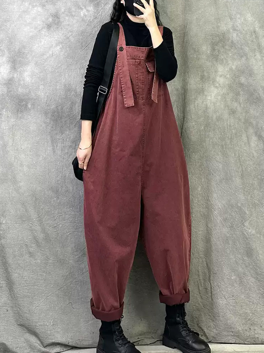 Plus Size Women Spring Casual Pure Color Loose Jumpsuits